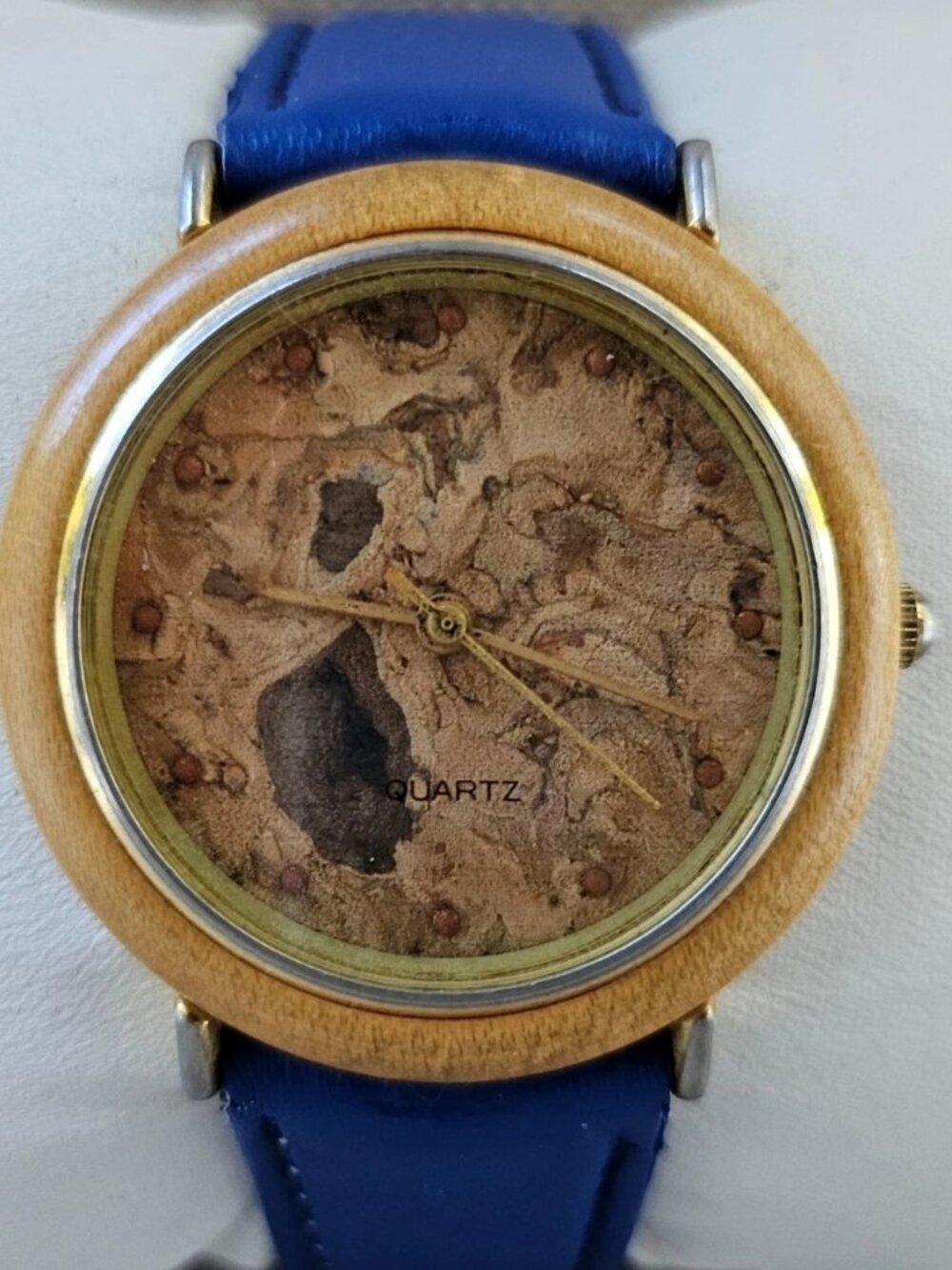 Vintage Wristwatch Brown Wood pattern Face Blue Leather Strap Analog Watch